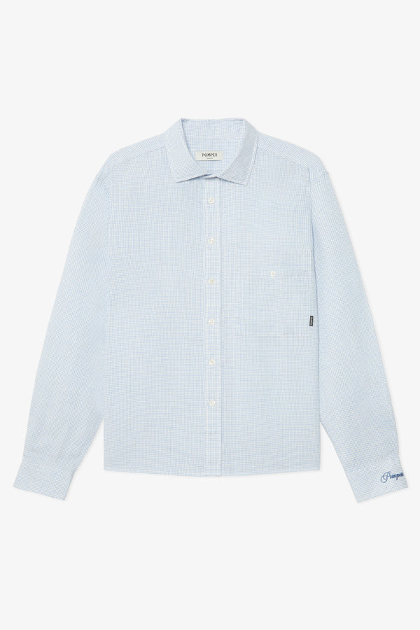 SKY BLUE MICRO CHECK LINEN BOXY SHIRT